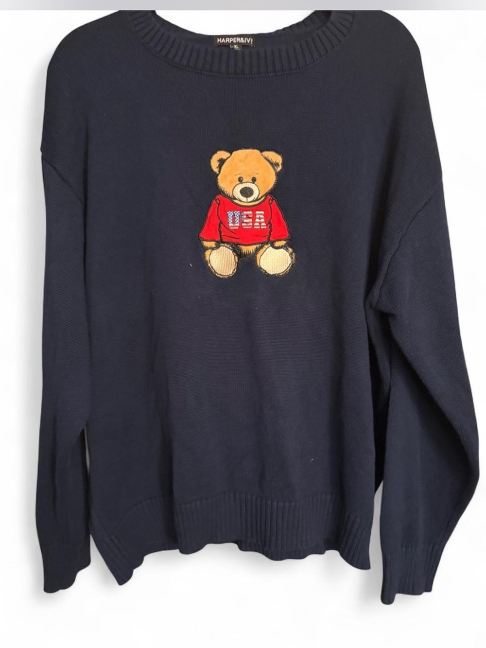 Harper Navy Crewneck Sweater with Embroidered Bear in Red